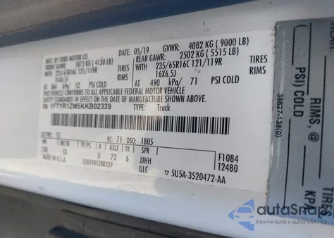 2019 Ford Transit-250 z USA, uszkodzony, nr VIN 1FTYR1ZM5KKB02339